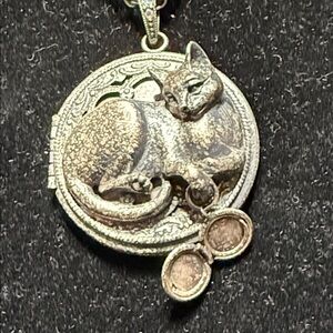 Sweet Romance USA Silver Tone Cat Locket holding small locket Necklace